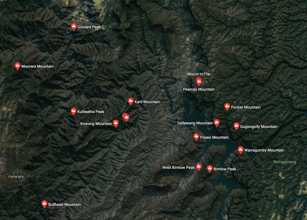 Figure 2: Named peaks and mountains west of Sydney, NSW.